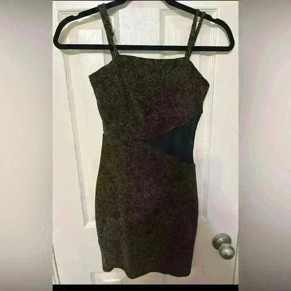 Brown Shimmer Sparkly Metallic Tinsel Mesh Cutout Mini Dress Size X-Small - Picture 1 of 3